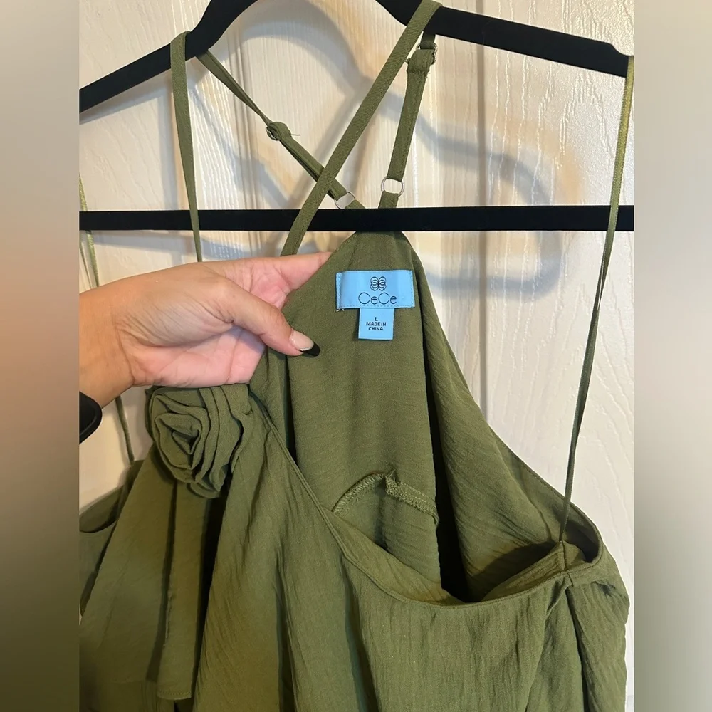 CeCe Floral Detail Layered Ruffle Halter Blouse, Olive Green, Sz Large